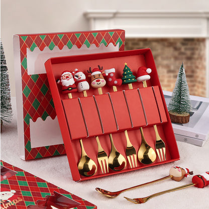 6 PCS Christmas Cutlery Set Stainless Steel Coffee Spoons Forks Gift