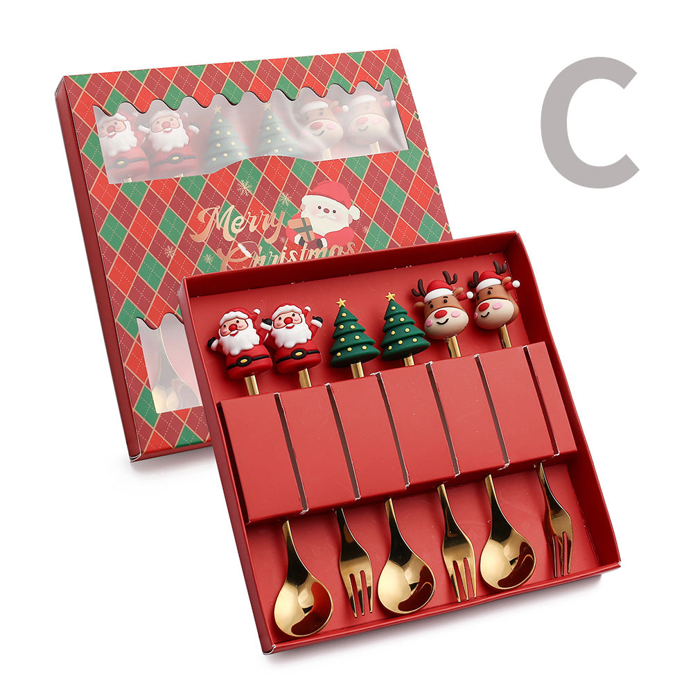 6 PCS Christmas Cutlery Set Stainless Steel Coffee Spoons Forks Gift