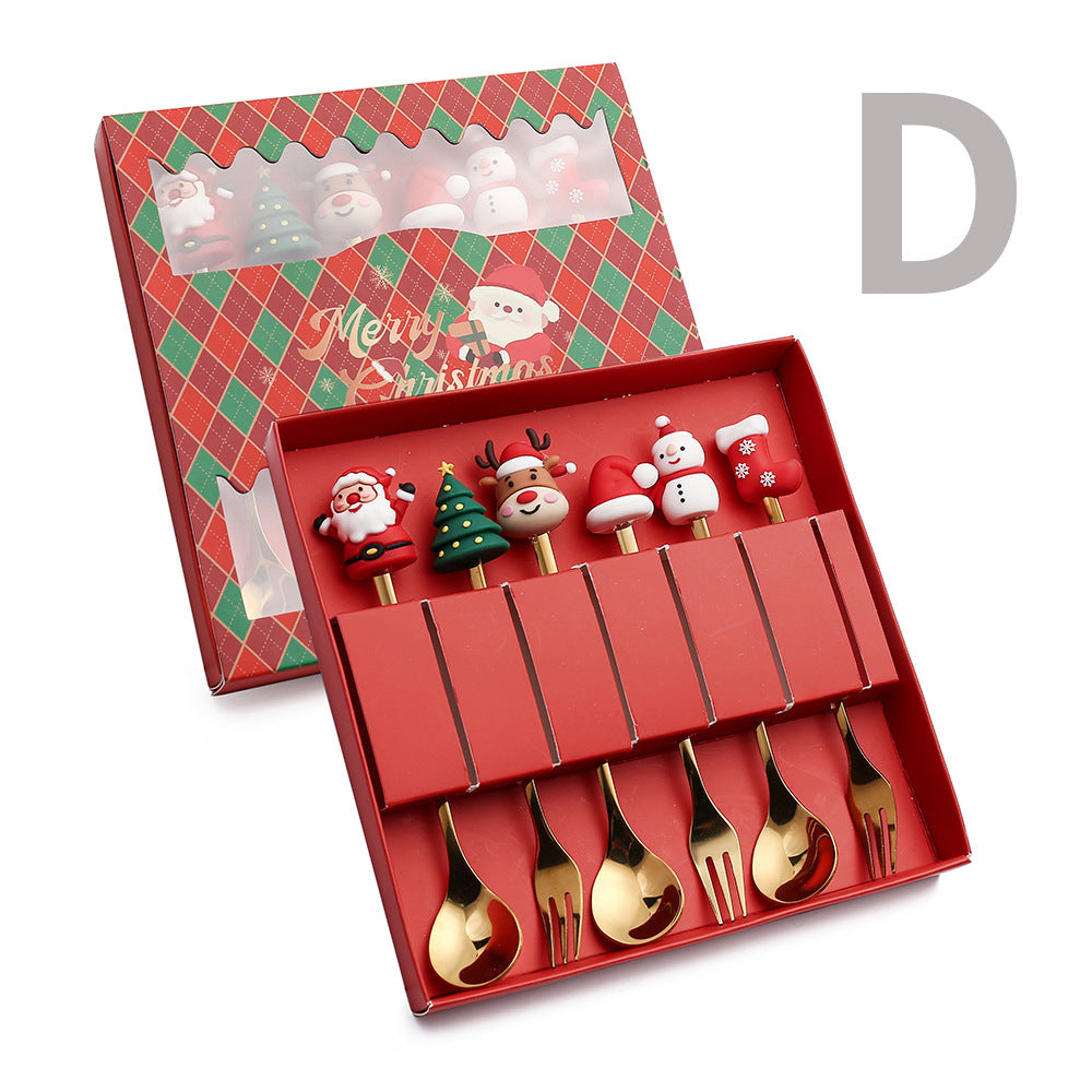 6 PCS Christmas Cutlery Set Stainless Steel Coffee Spoons Forks Gift