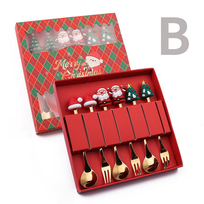 6 PCS Christmas Cutlery Set Stainless Steel Coffee Spoons Forks Gift