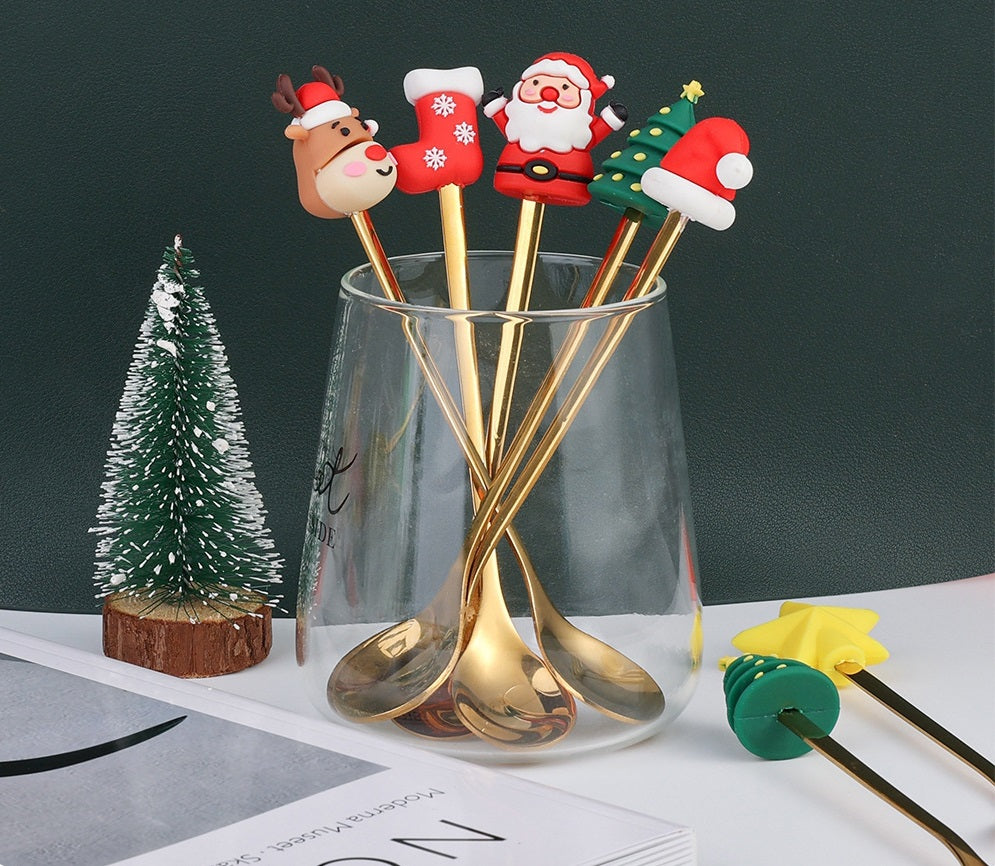 6 PCS Christmas Cutlery Set Stainless Steel Coffee Spoons Forks Gift