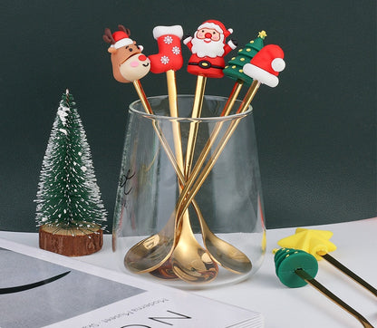 6 PCS Christmas Cutlery Set Stainless Steel Coffee Spoons Forks Gift