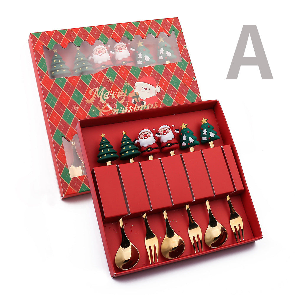 6 PCS Christmas Cutlery Set Stainless Steel Coffee Spoons Forks Gift