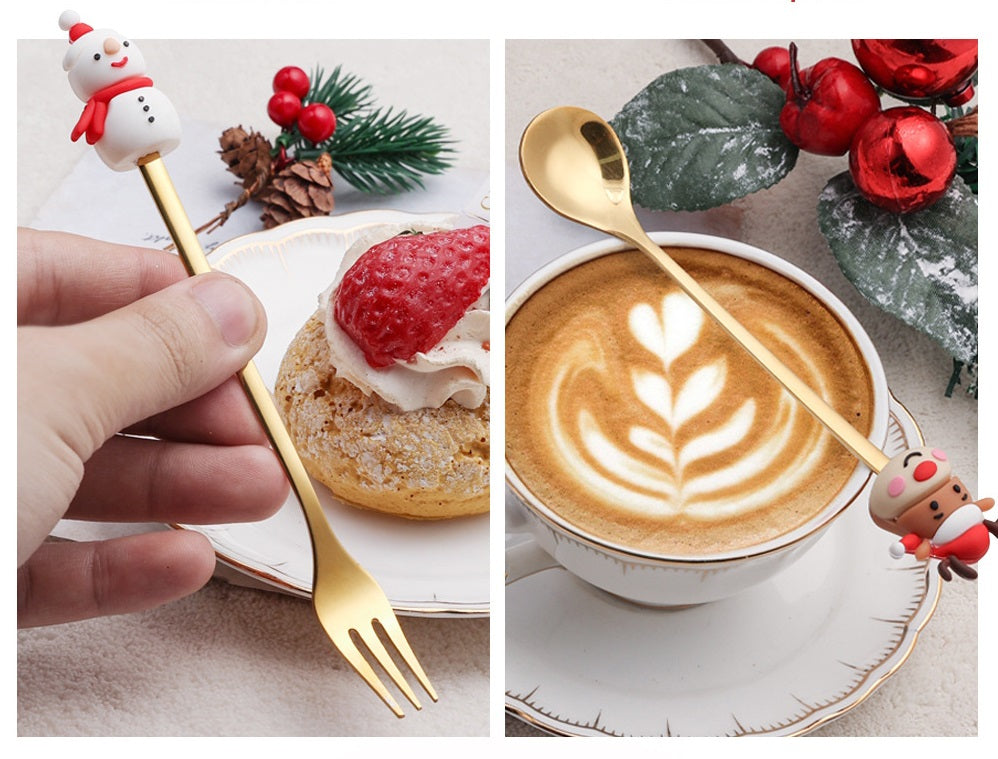 6 PCS Christmas Cutlery Set Stainless Steel Coffee Spoons Forks Gift