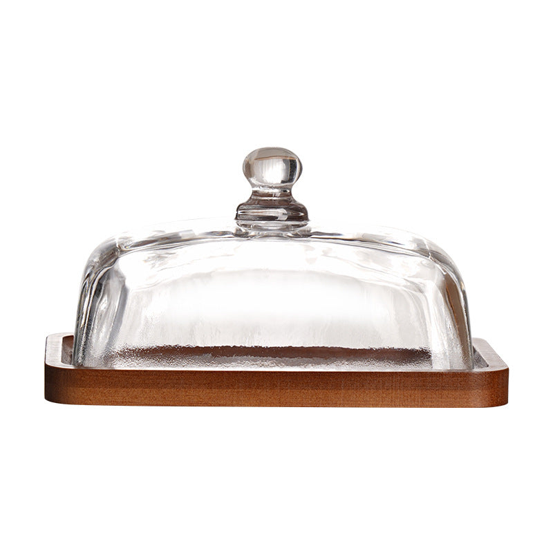 Acacia Wood Butter Dish with Glass Lid Kitchen Dessert Keeper Tray