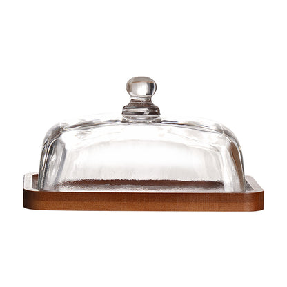 Acacia Wood Butter Dish with Glass Lid Kitchen Dessert Keeper Tray