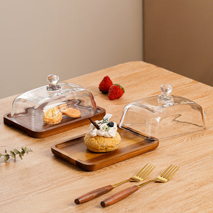 Acacia Wood Butter Dish with Glass Lid Kitchen Dessert Keeper Tray
