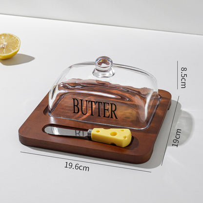 Bamboo Butter Dish with Glass Lid Cheese Knife Large Butter Keeper Tray for Countertop