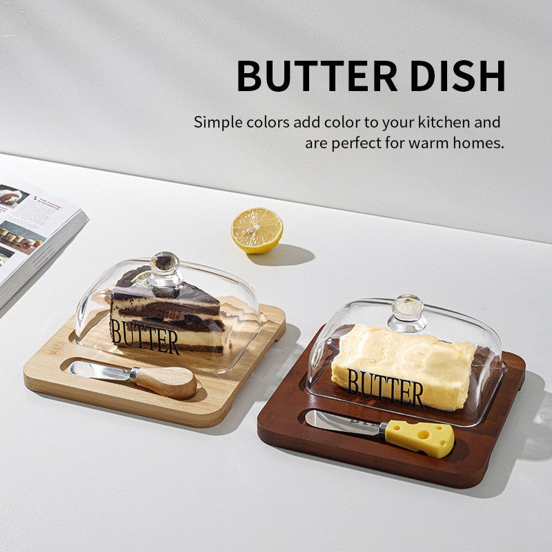 Large Glass bamboo Butter Dish with knife