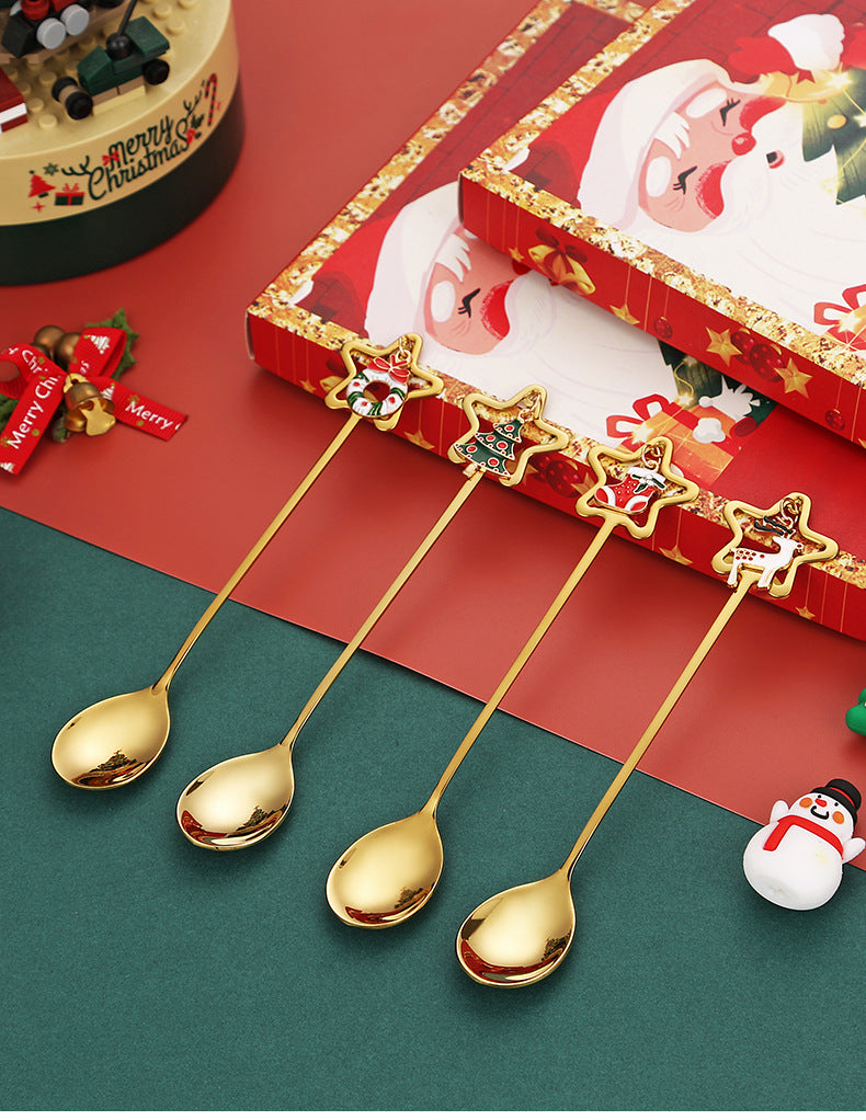 Christmas Coffee Spoon Stainless Steel Xmas Creative Dinner Spoon Gift Box
