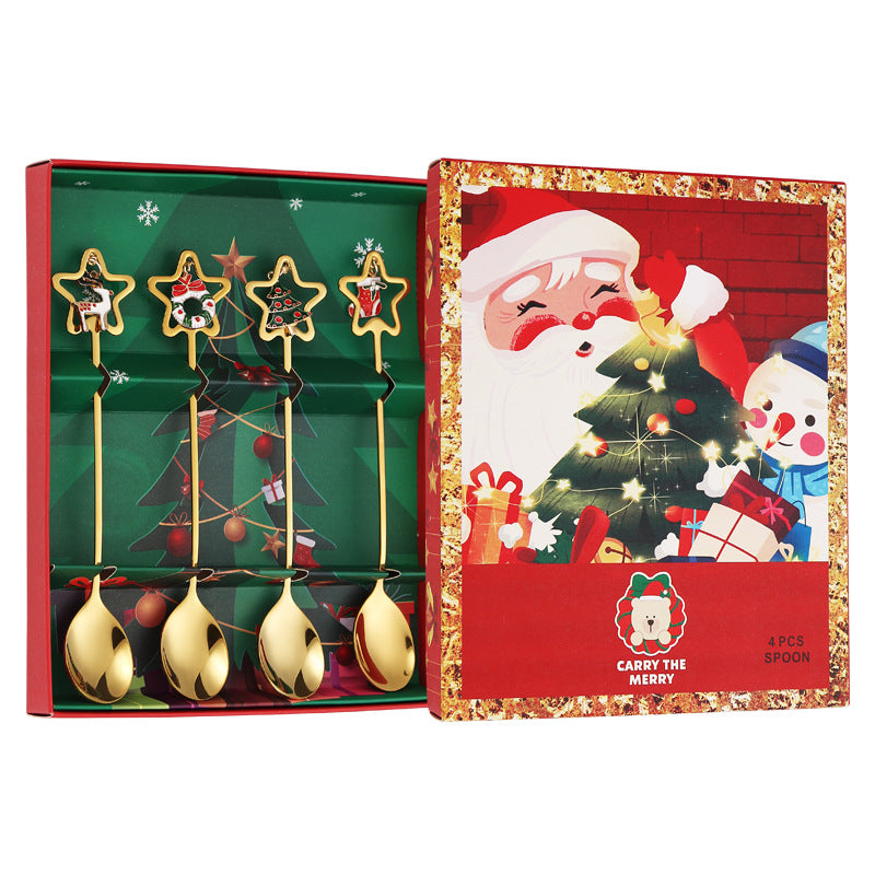 Christmas Coffee Spoon Stainless Steel Xmas Creative Dinner Spoon Gift Box