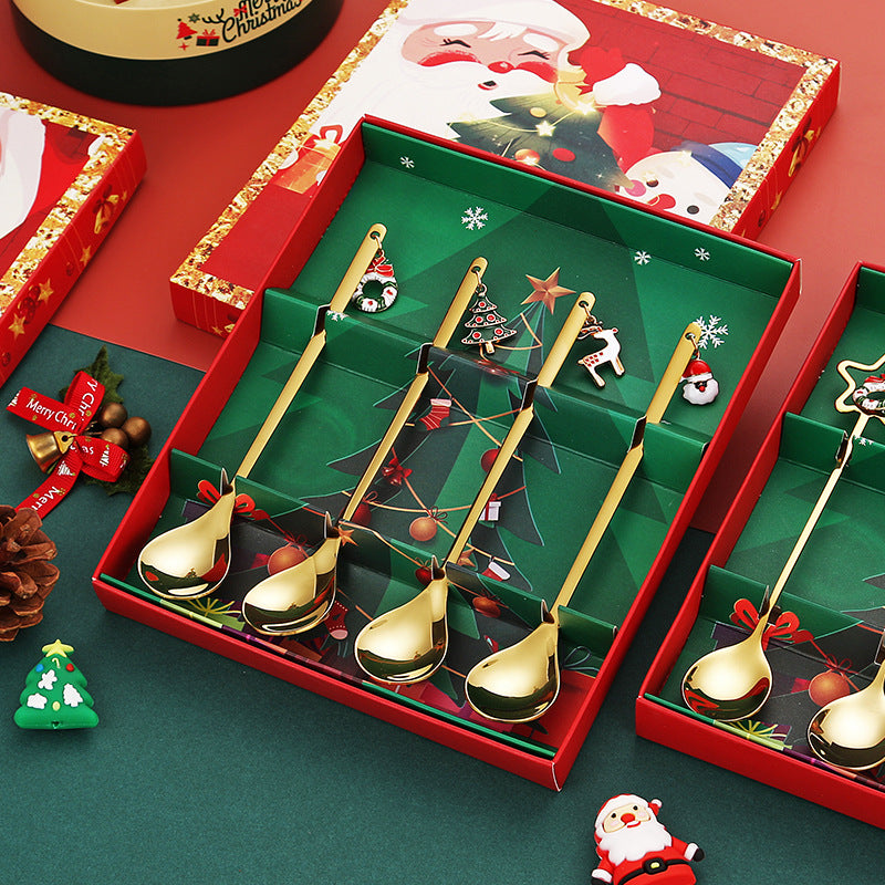 4 Pcs Christmas Coffee & Tea Spoons Stainless Steel Xmas Dessert Spoons Gift Box