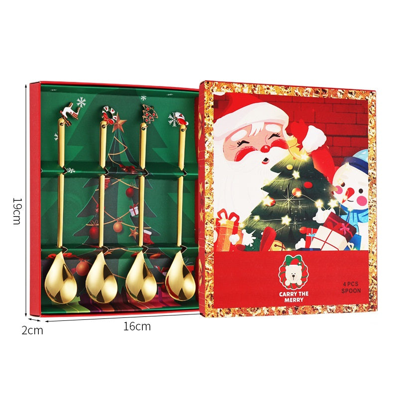 4 Pcs Christmas Coffee & Tea Spoons Stainless Steel Xmas Dessert Spoons Gift Box
