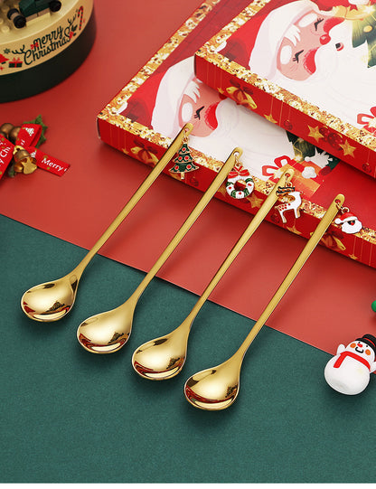 4 Pcs Christmas Coffee & Tea Spoons Stainless Steel Xmas Dessert Spoons Gift Box