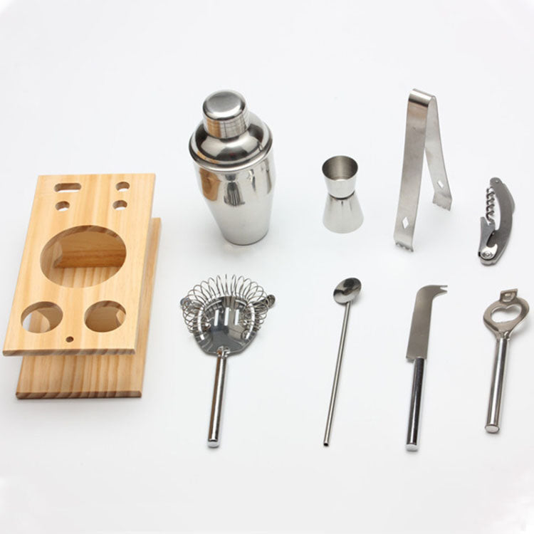 stainless steel cocktail set with wooden display stand